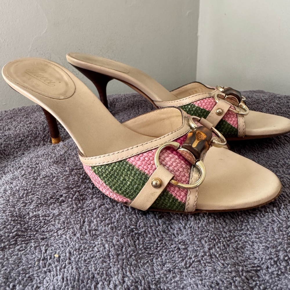 Gucci Pink & Green Woven Slide Heels with Gold Buckle